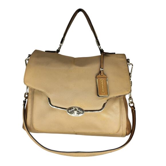 Coach Purse Handbag Leather Colorblock Tan Nude Briefcase Crossbody Flap Top - Picture 2 of 15